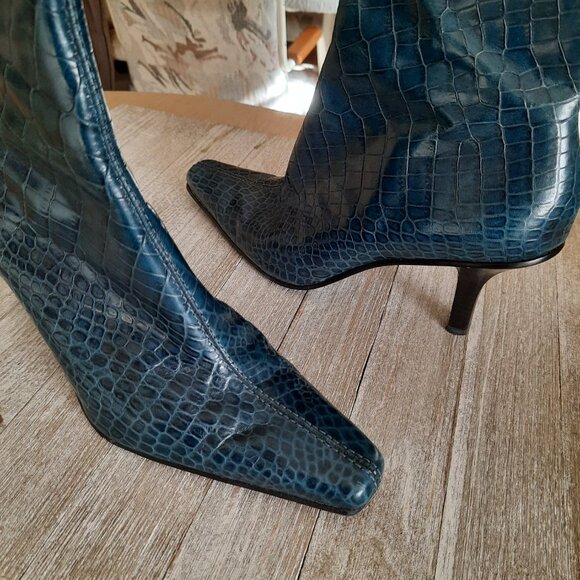 ANTONIO MELANI Miranda Croc Embossed Leather Stiletto Ankle Boot - Teal, Size 7 - Picture 7 of 16